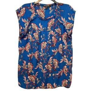 Sharagano Cap Sleeve Top Blue Floral Ruffle Detail Large